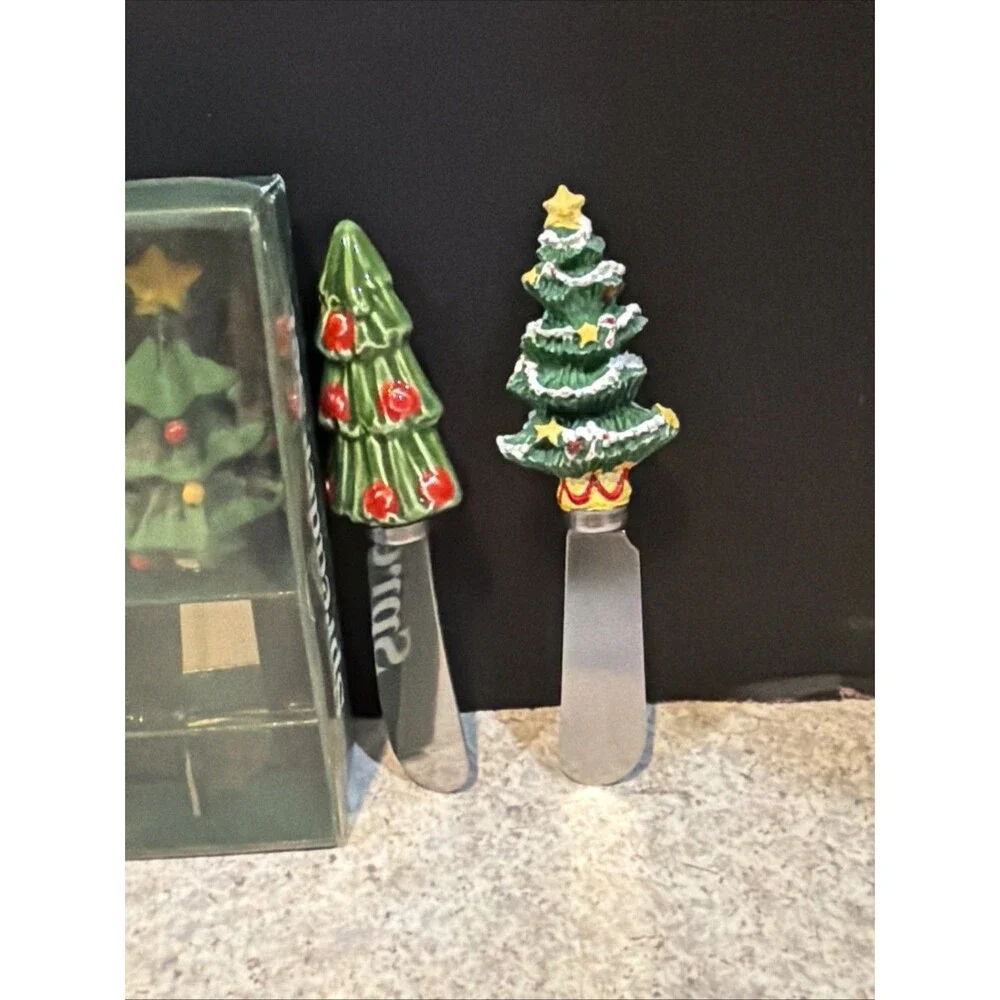6 Christmas Holiday Spreader Knives Butter Cheese Stainless Steel Japan Vintage